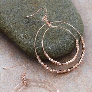 Rose Gold Hoop Dangle Earrings – Double Circle Beaded Drops – Lightweight NWT